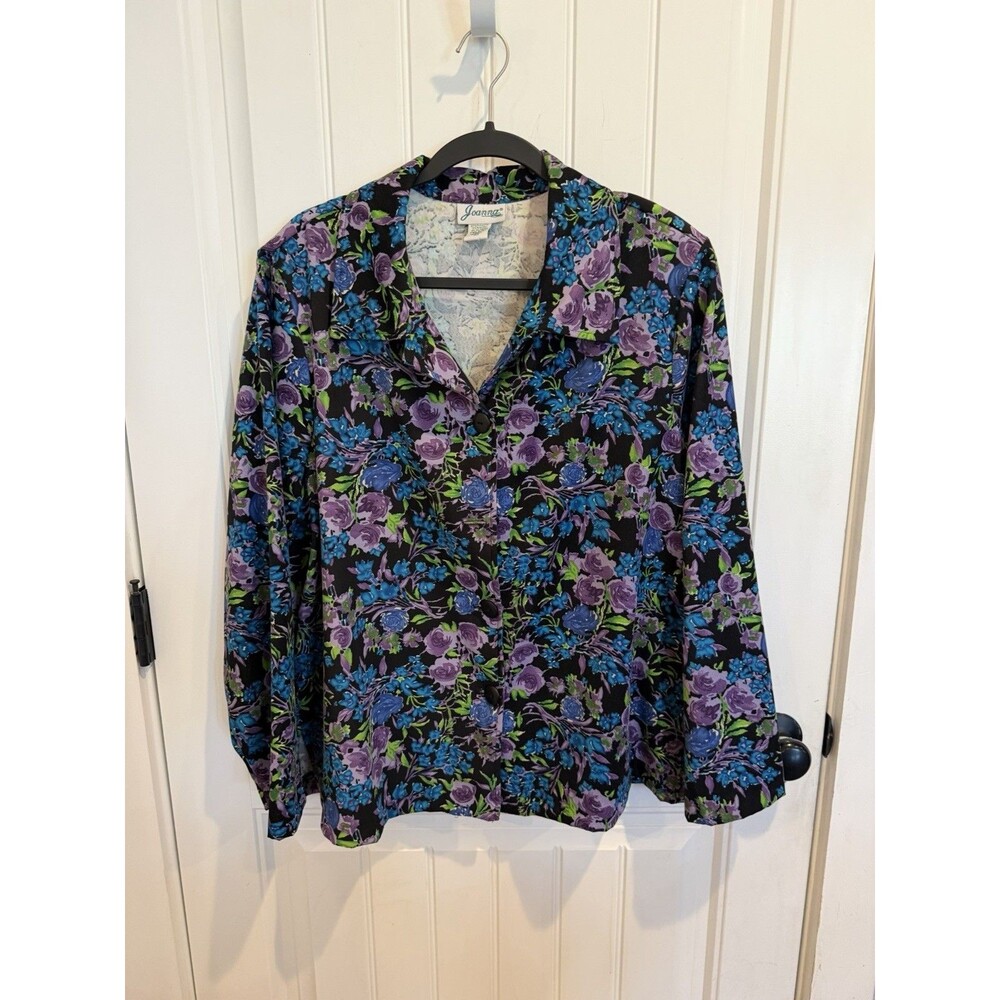 Vintage 90s Joanna Floral Blazer Jacket XL Purple Blue Black Stretch Button